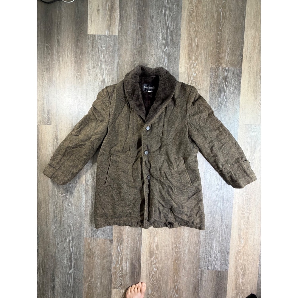 Royal Knight Overcoat Mens 42 Brown Herringbone Faux Fur Collar Vintage Jacket